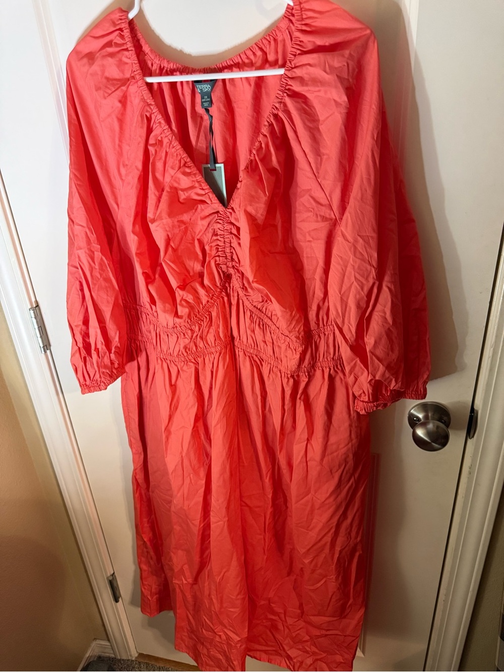 Terra & Sky Coral Midi Dress 2X Smocked Waist Balloon Sleeve NWT